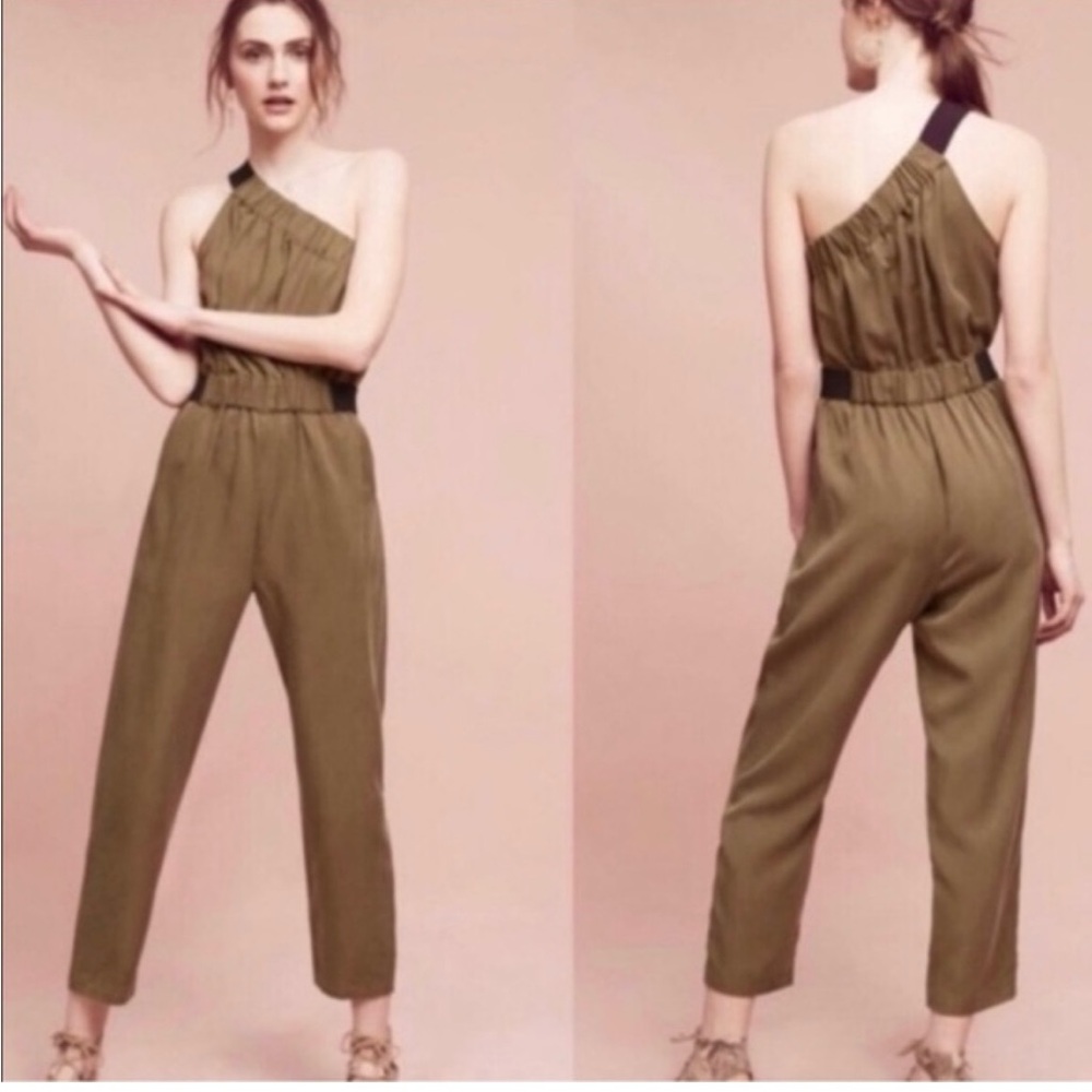 Maeve one-shoulder green with black jumpsuit. - Picture 1 of 5
